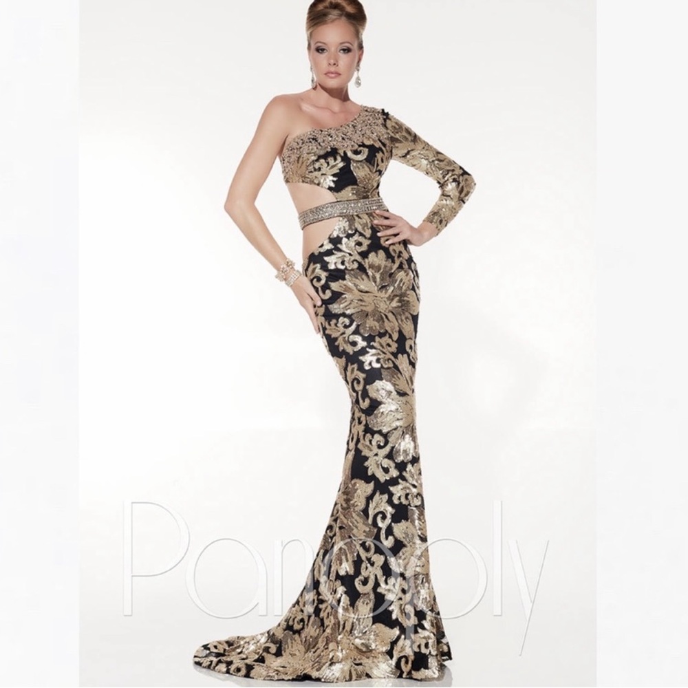 NWT NEW Panoply 14847 black gold floral sequins one shoulder formal gown